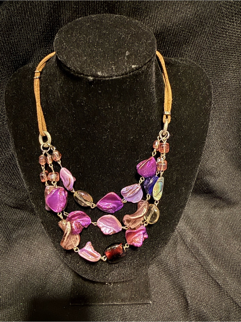 Shades of Purple Necklace Glass & Shell Beads Cord Layered Triple Beach Jewelry